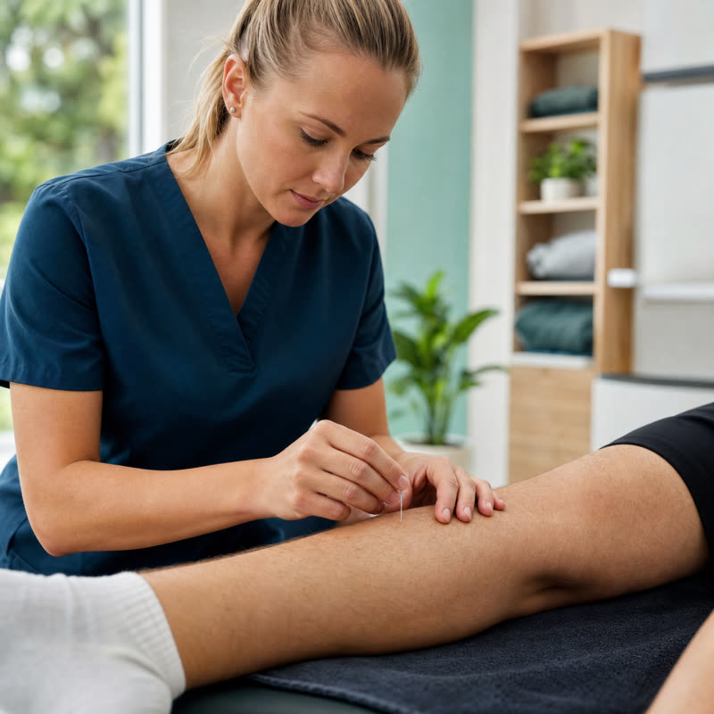 Physiotherapist performing dry needling on a patient calf