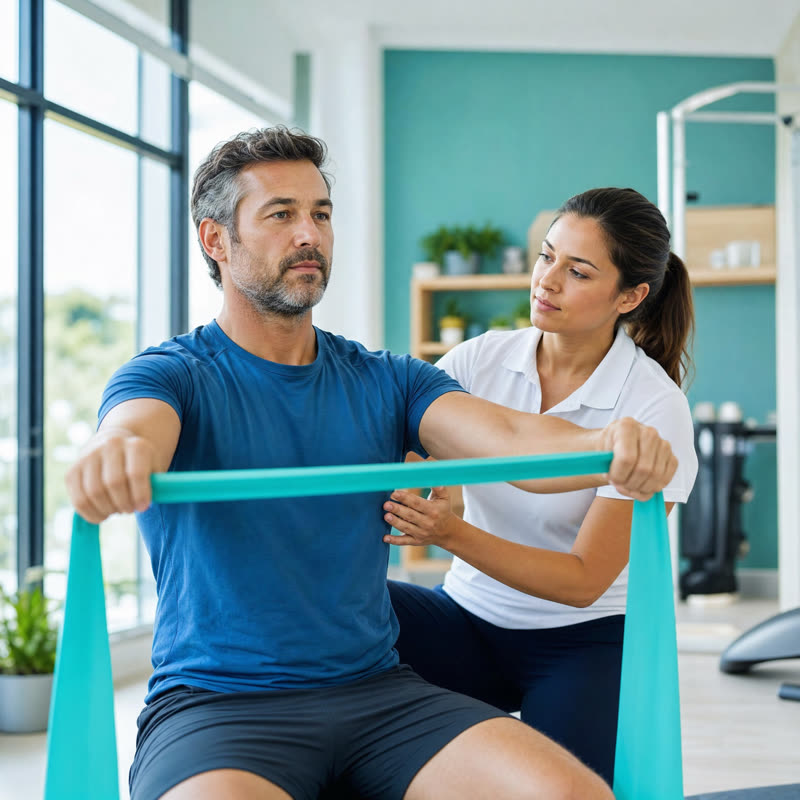Patient doing guided rehabilitation exercise with a resistance band