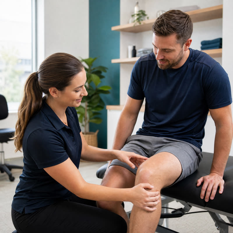 Physiotherapist assessing a patient knee in a Port Melbourne clinic